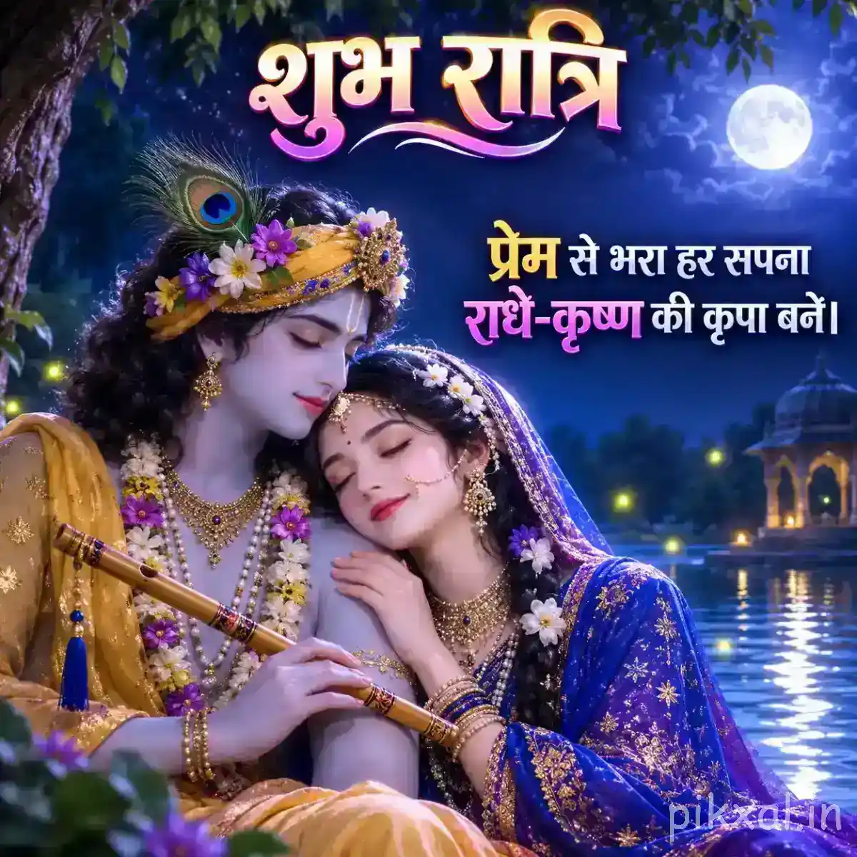 Radha resting peacefully against Krishna as he gently embraces her beneath a moonlit sky surrounded by flowers.
