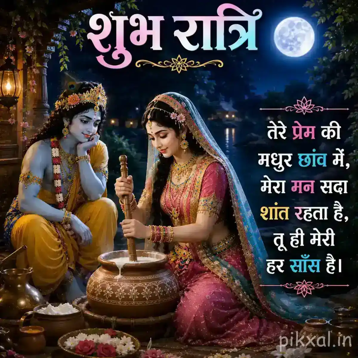 Radha and Krishna seated together beside a decorated vessel and glowing lamps, enjoying a calm devotional evening.