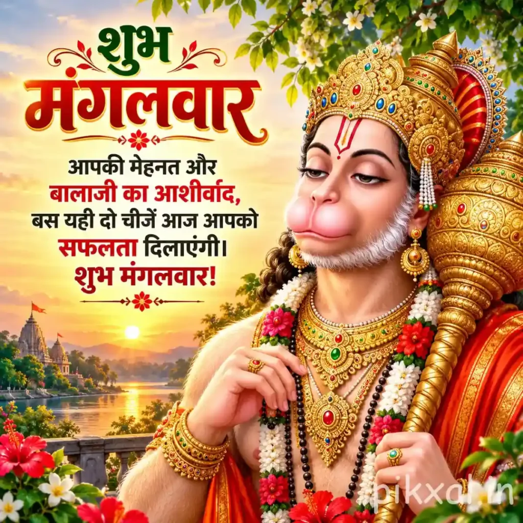 Balaji blessings good morning image featuring Lord Hanuman with a golden crown and Tuesday wishes in Hindi