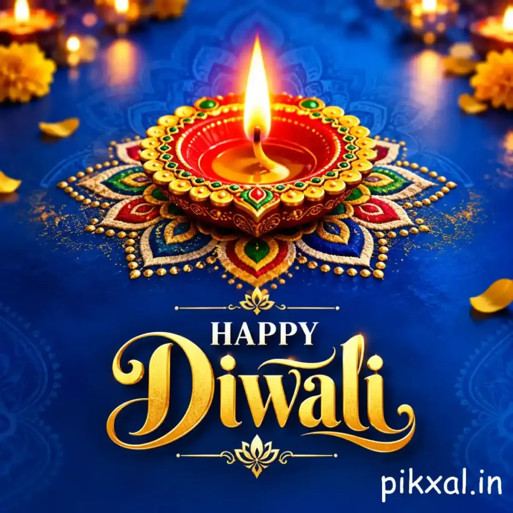 Beautiful Diwali wishes greeting with a glowing diya on colorful rangoli against a rich blue background