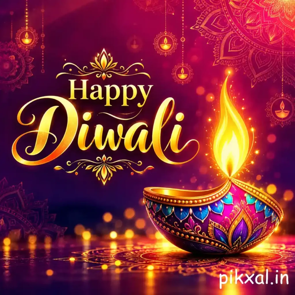 Beautiful Diwali wishes greeting with a colorful decorative diya, bright flame and a pink and purple festive background