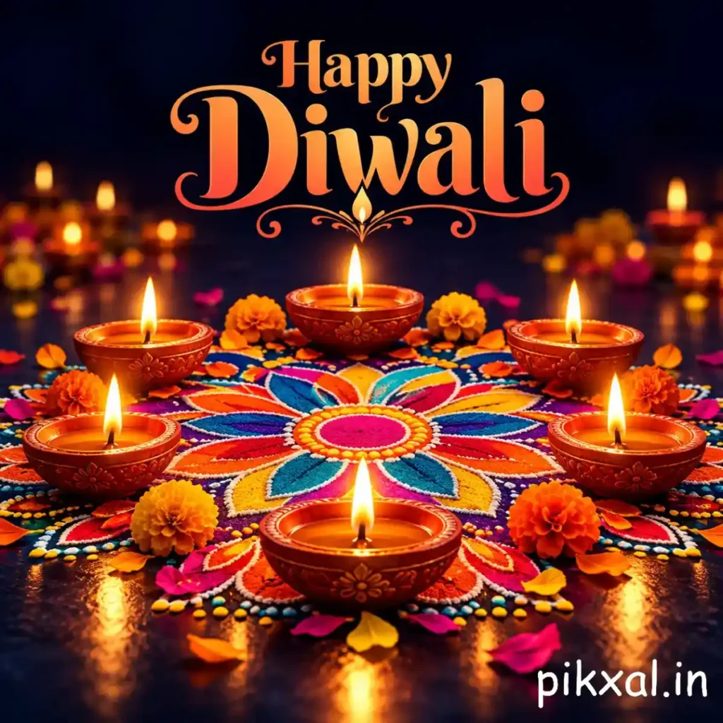 Beautiful Diwali wishes image featuring glowing diyas arranged around a colorful rangoli with marigold flowers