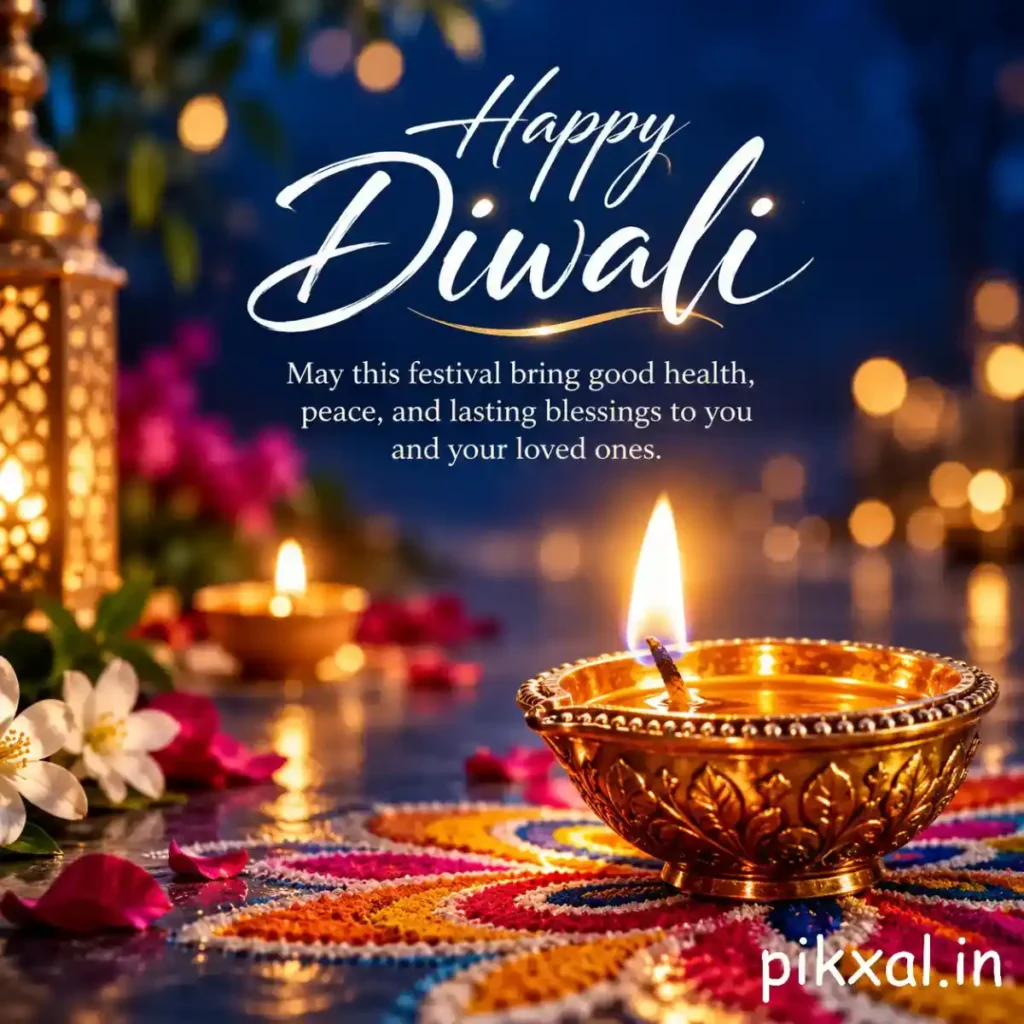 Beautiful Diwali wishes image with a golden diya, colorful rangoli, flowers and a message of peace and prosperity