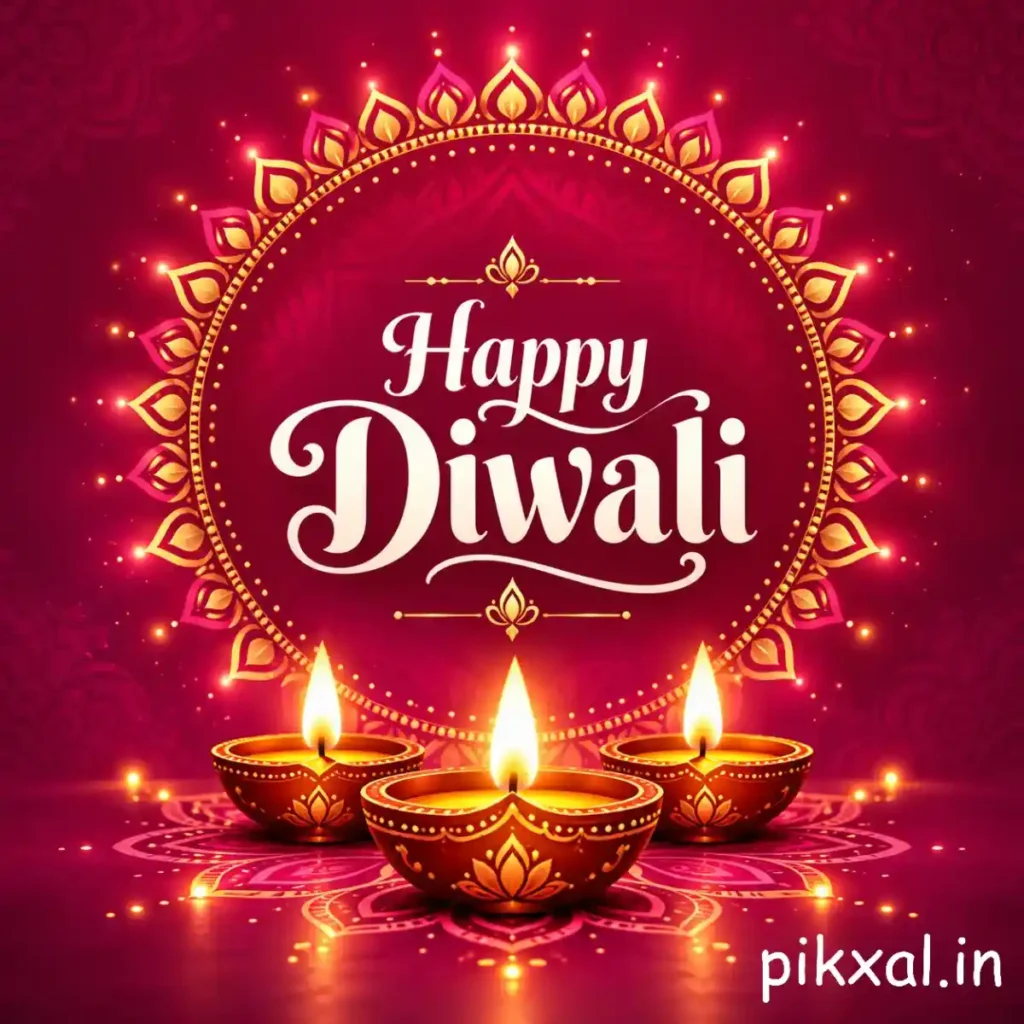 Beautiful Diwali wishes greeting with three glowing decorative diyas inside a circular golden ornamental frame on a pink background