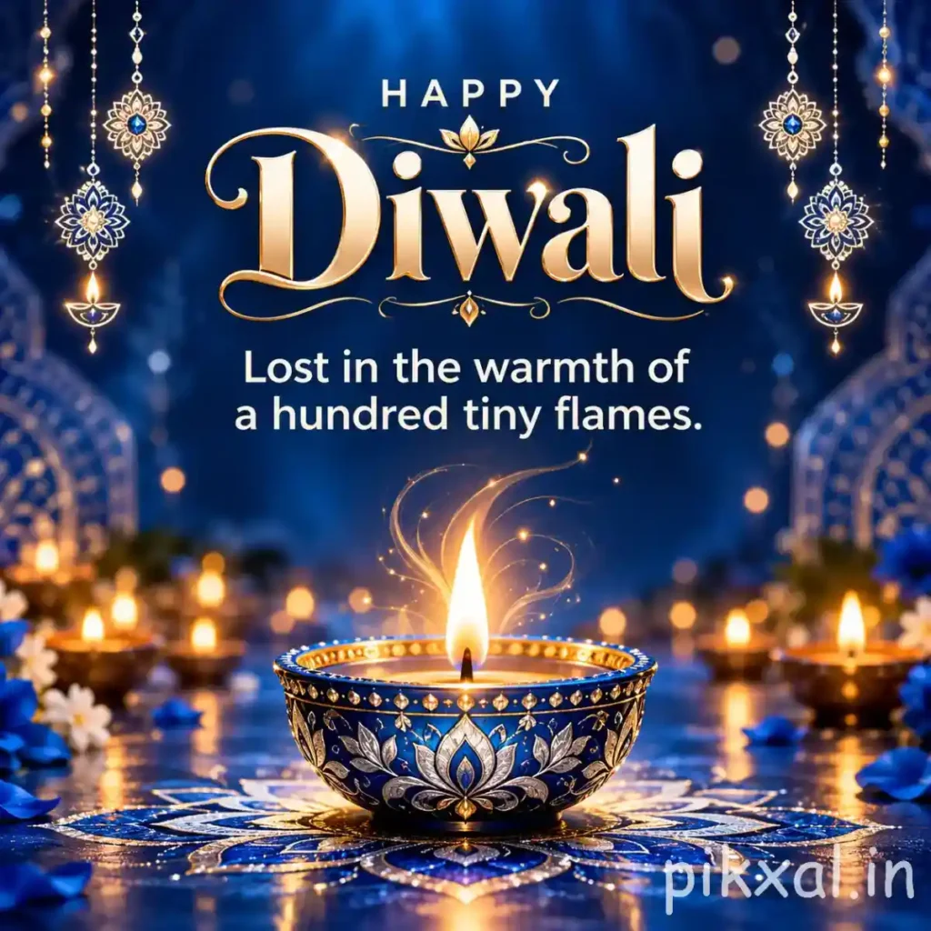 Deepavali images featuring a glowing blue and golden diya, decorative hanging lights and a bright festive background