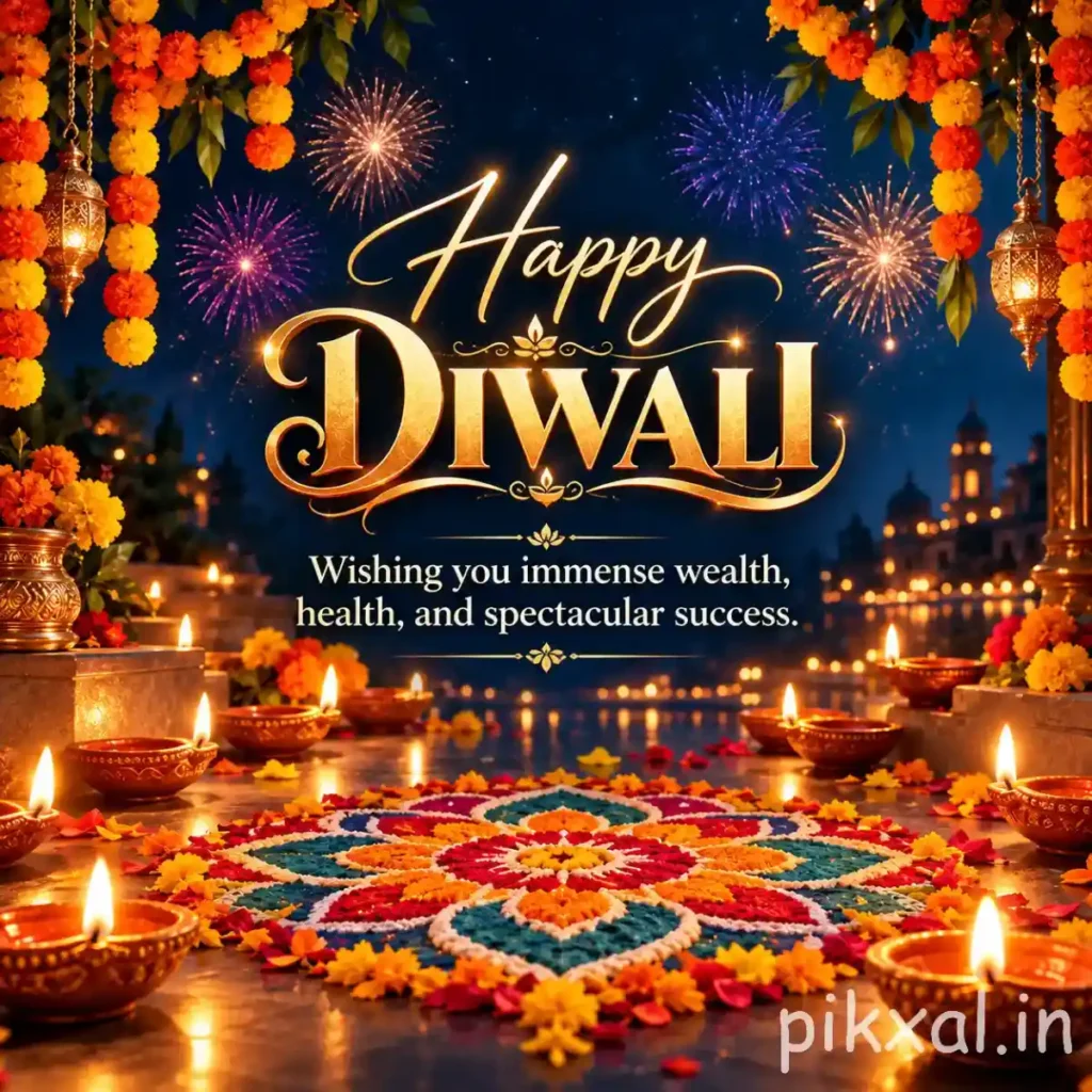 Deepavali images featuring colorful rangoli, marigold garlands, glowing diyas and festive fireworks