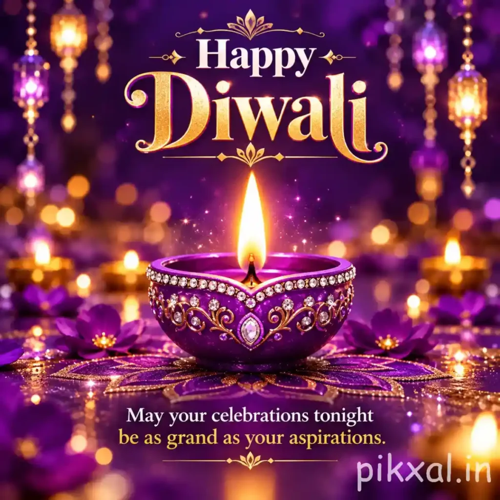 Deepavali images featuring a purple and golden decorative diya, hanging lanterns and sparkling festive lights