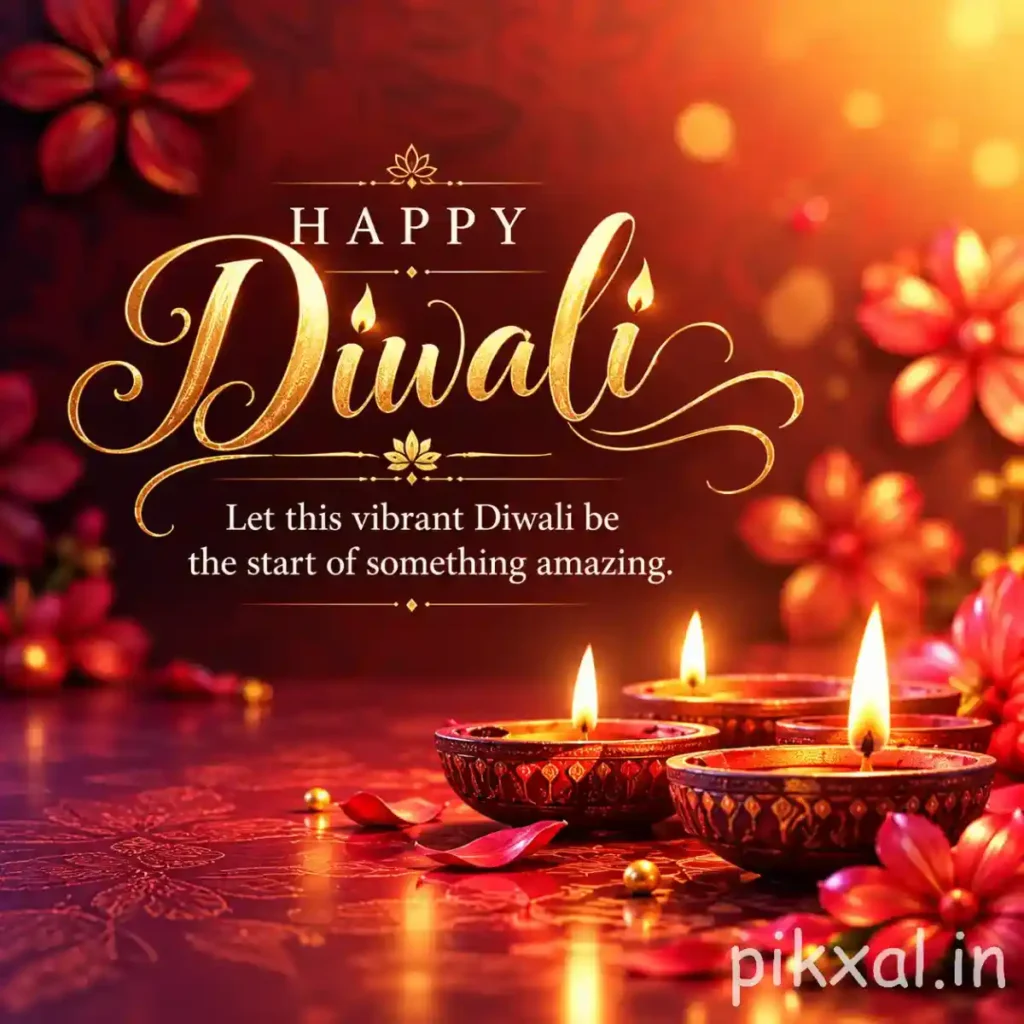 Deepavali images featuring three glowing decorative diyas, red flower petals and warm golden festive lights