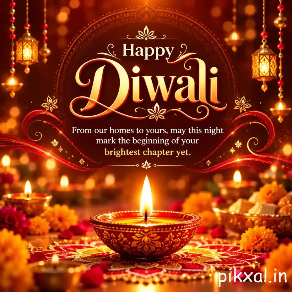 Diwali greetings quote featuring a traditional glowing diya and the message &ldquo;From our homes to yours, may this night mark the beginning of your next brightest chapter yet.&rdquo;