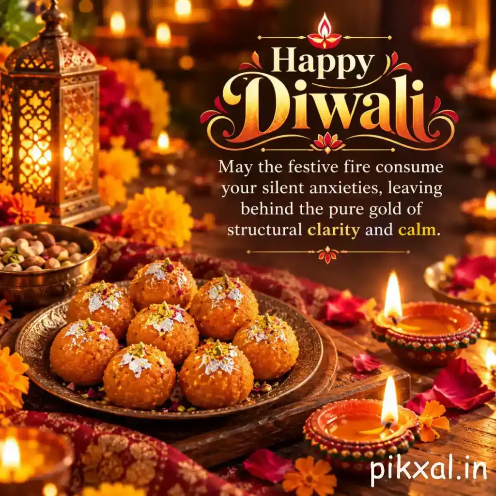 Diwali greetings quotes featuring traditional diyas, a brass lantern and festive sweets, with a message about leaving anxiety behind and finding clarity and calm.