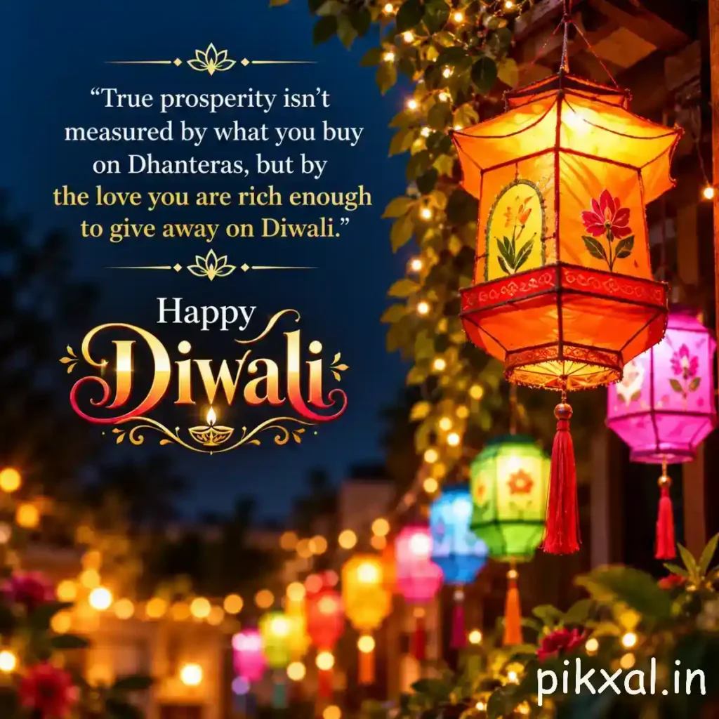 Diwali greetings quotes featuring colorful hanging lanterns and a festive night scene, with a message that true prosperity comes from the love shared with others.