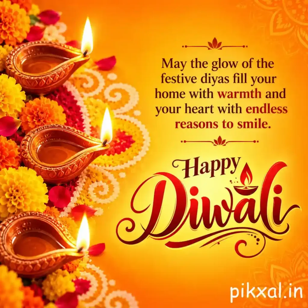 Diwali greetings quotes on a bright yellow background with traditional clay diyas, marigold flowers, and wishes for warmth and endless reasons to smile.