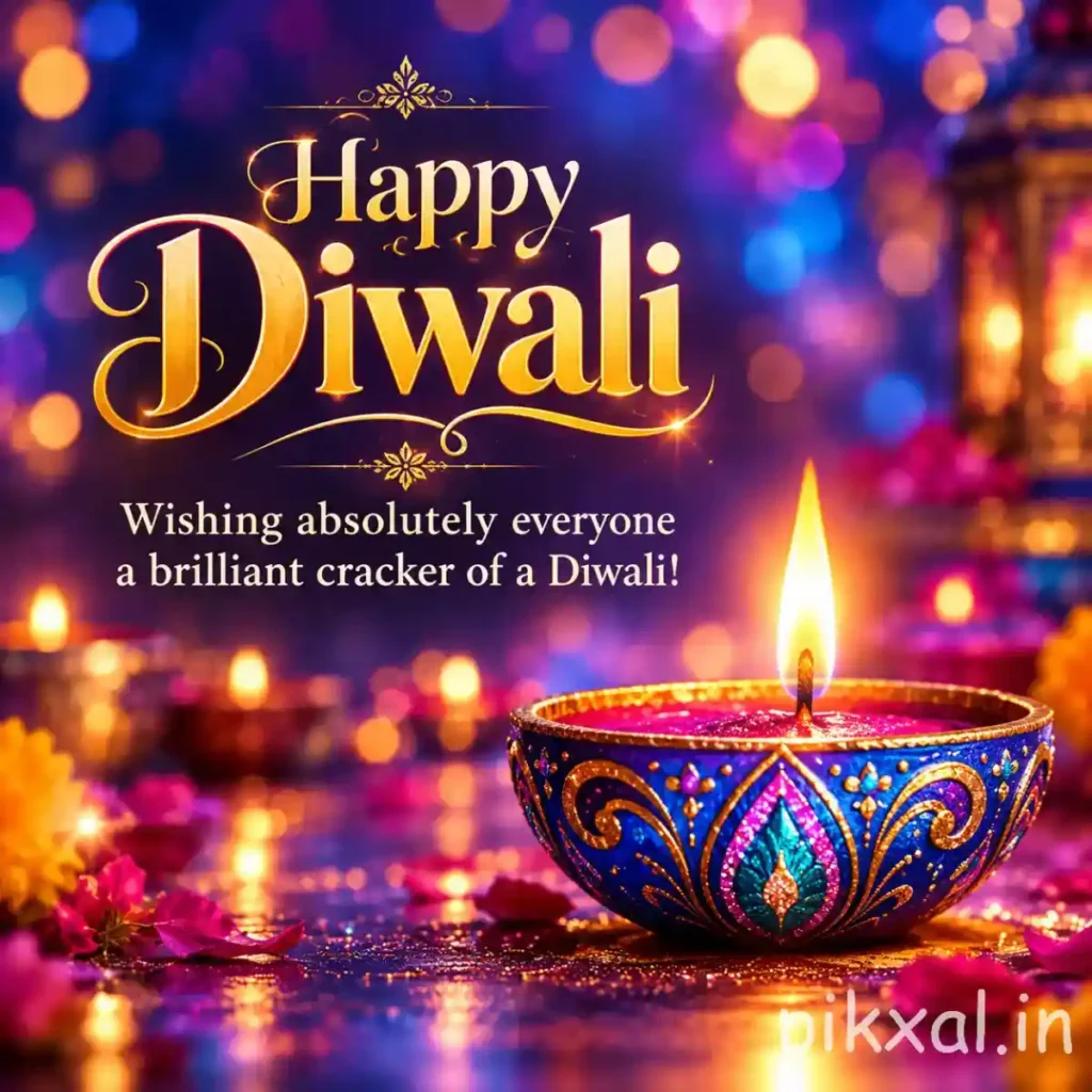 Diwali images download featuring a blue and golden decorative diya with a glowing flame and colorful festive bokeh lights