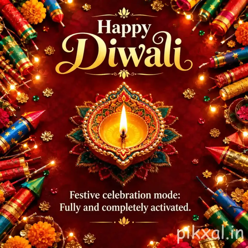 Diwali images download featuring a glowing decorative diya surrounded by colorful rangoli, flowers and festive firecrackers