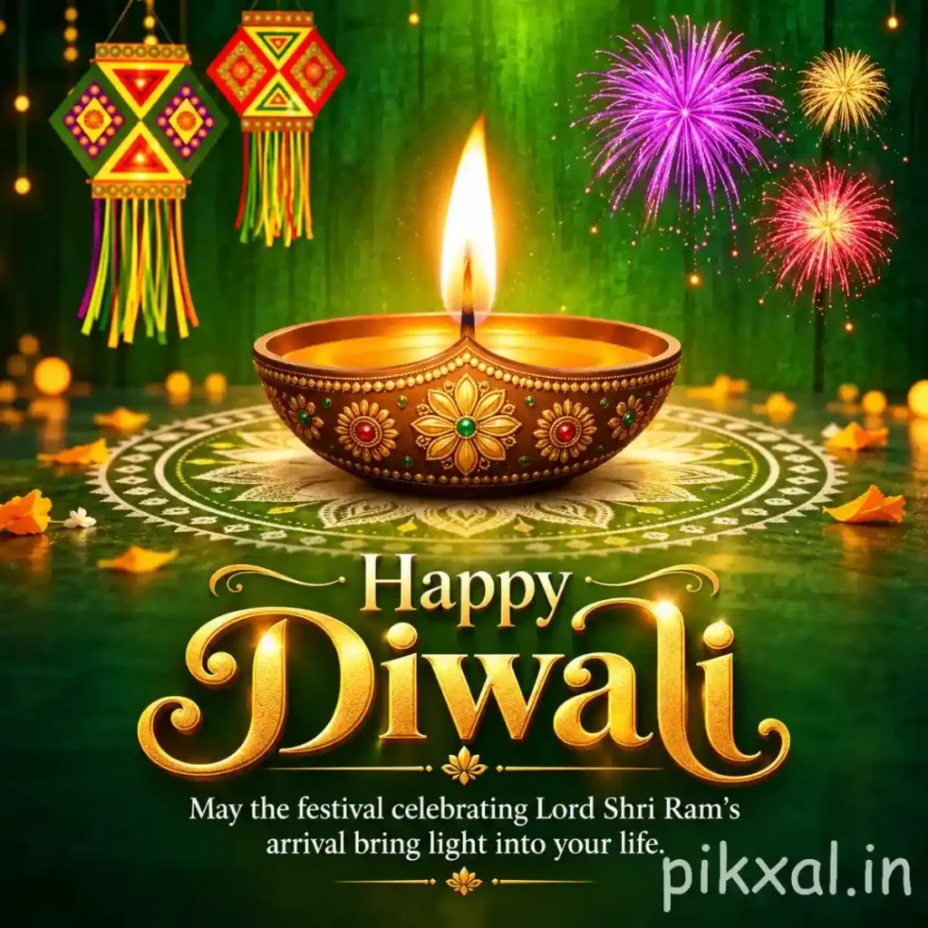 Diwali images download featuring a large glowing diya on a green rangoli with colorful fireworks and festive decorations