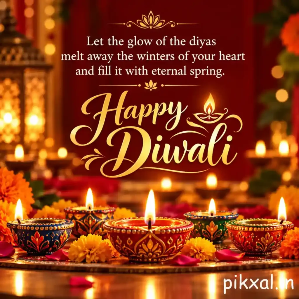 Diwali wishes quote featuring multiple glowing diyas and the message &ldquo;Let the glow of the diyas melt away the winters of your heart and fill it with eternal spring.&rdquo;