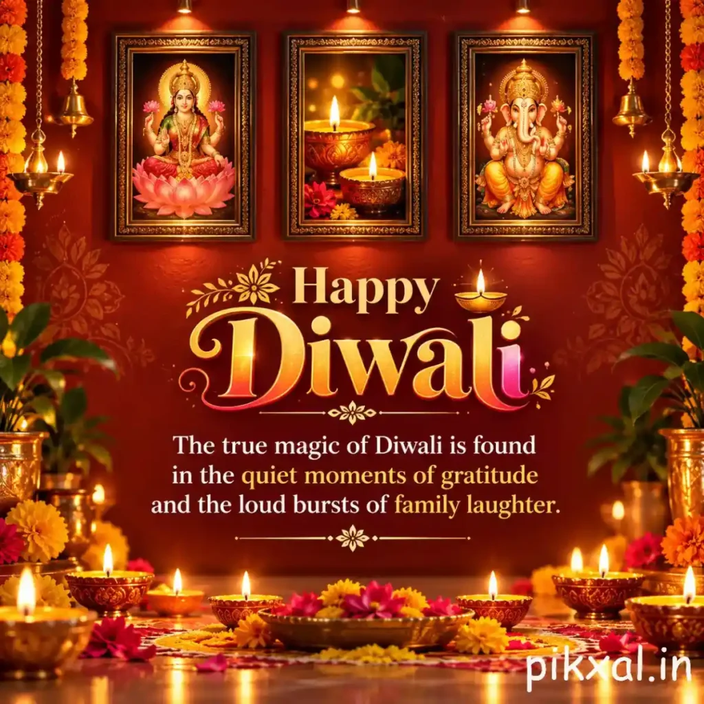 Diwali wishes and quotes featuring traditional devotional paintings, glowing diyas, and a message about gratitude and family laughter.