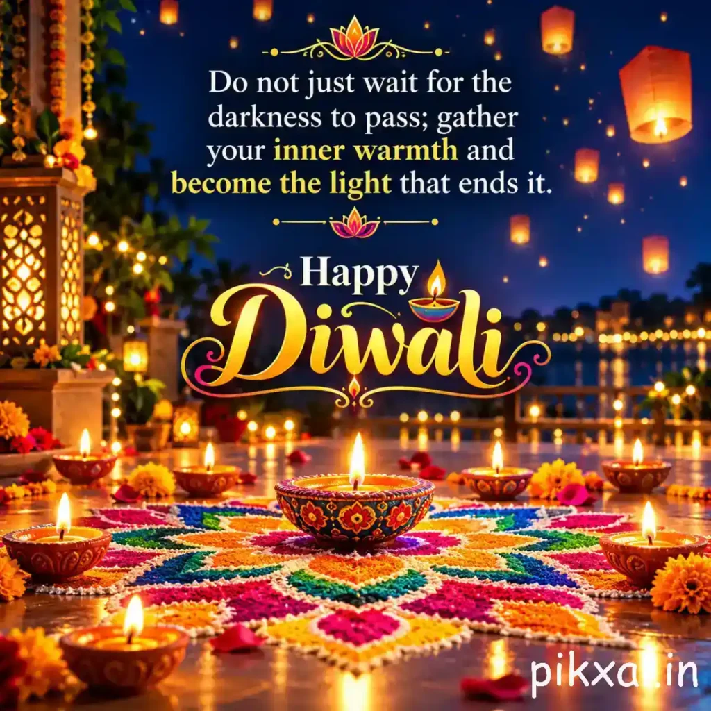 Diwali wishes and quotes featuring glowing diyas, colorful rangoli and floating lanterns, with a message about becoming the light that ends darkness.