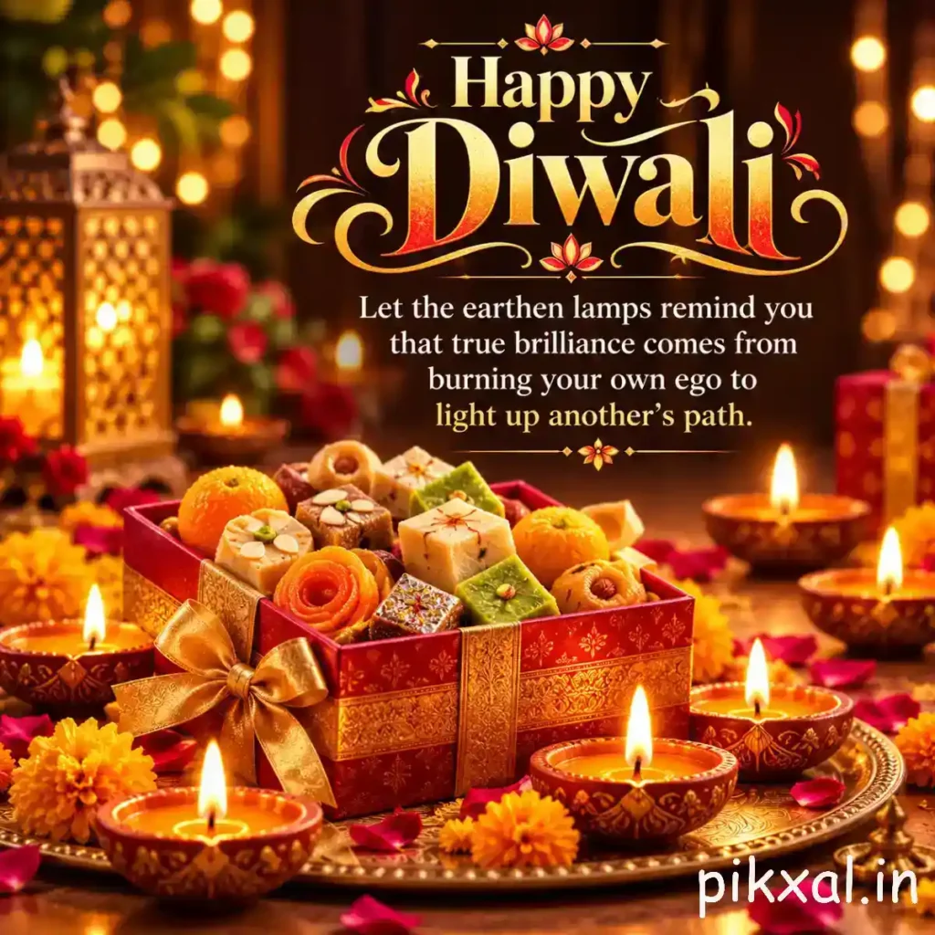 Diwali wishes and quotes featuring a festive box of Indian sweets, glowing diyas and a message about setting aside ego to light another person's path.