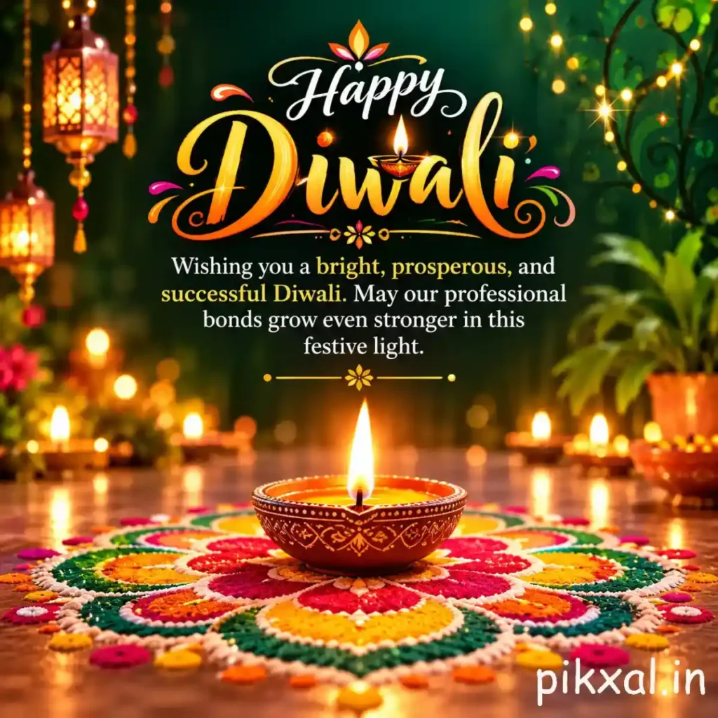 Diwali wishes and quotes featuring a decorative diya, colorful rangoli, and festive lanterns with wishes for success and stronger professional relationships.