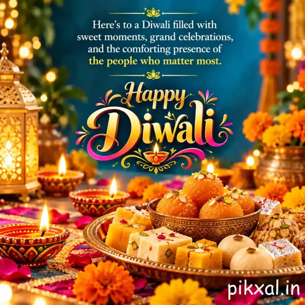 Diwali wishes and quotes featuring festive sweets, colorful rangoli, and glowing lanterns with a message celebrating sweet moments and loved ones.