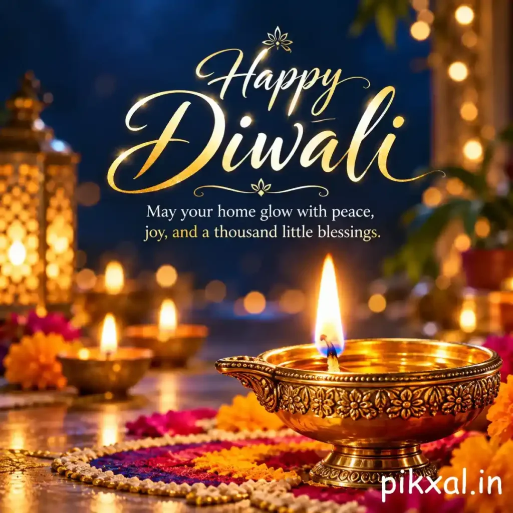 Diwali wishes image featuring a golden decorative diya, colorful rangoli and a peaceful festive message
