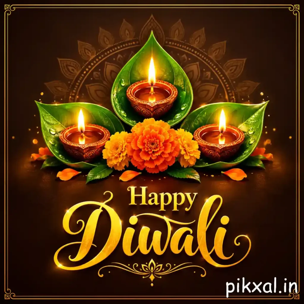 Diwali wishes image featuring glowing diyas arranged on green leaf-shaped decorations with marigold flowers and golden details