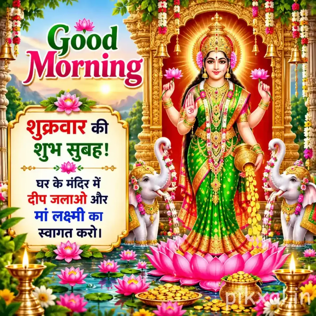 Friday Good Morning God Images showing Goddess Lakshmi standing on a pink lotus amid a decorated temple garden