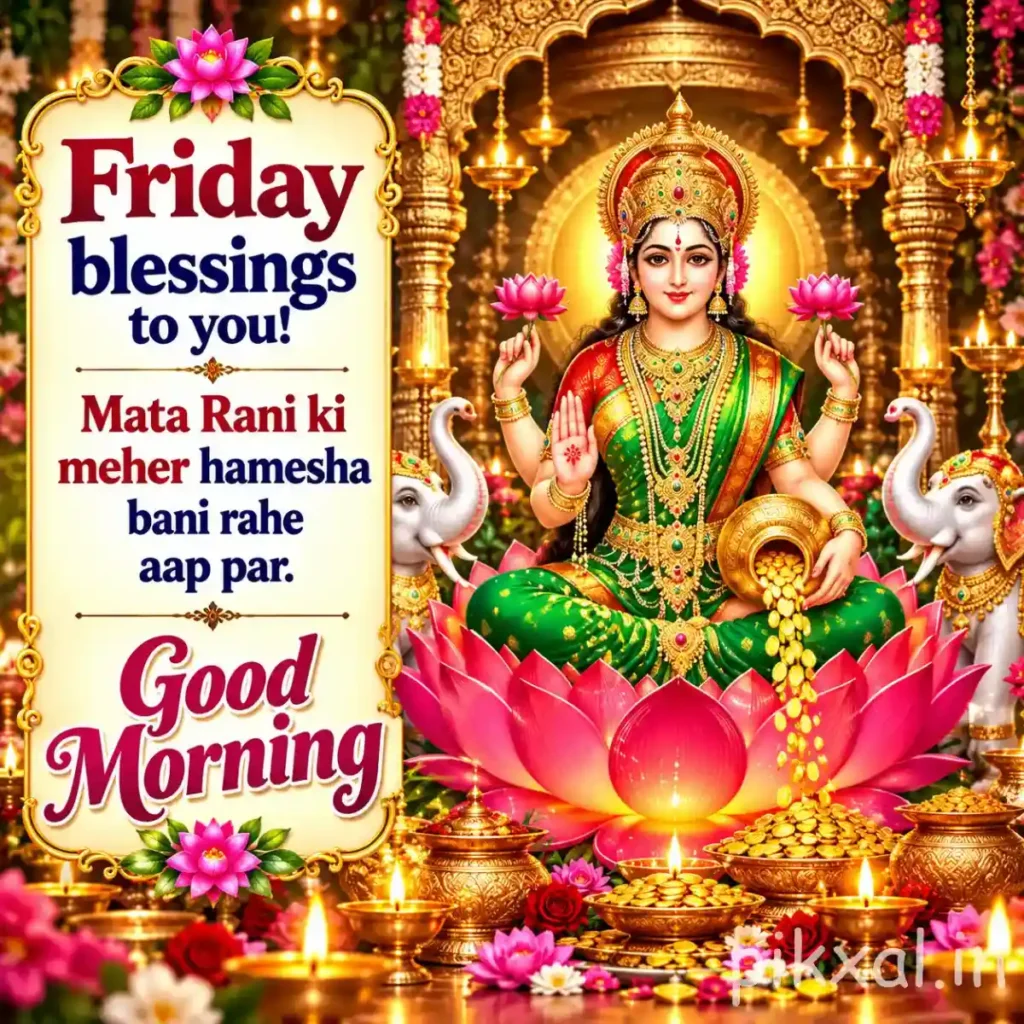 Friday Good Morning God Images featuring Goddess Lakshmi seated on a lotus throne inside an ornate golden temple