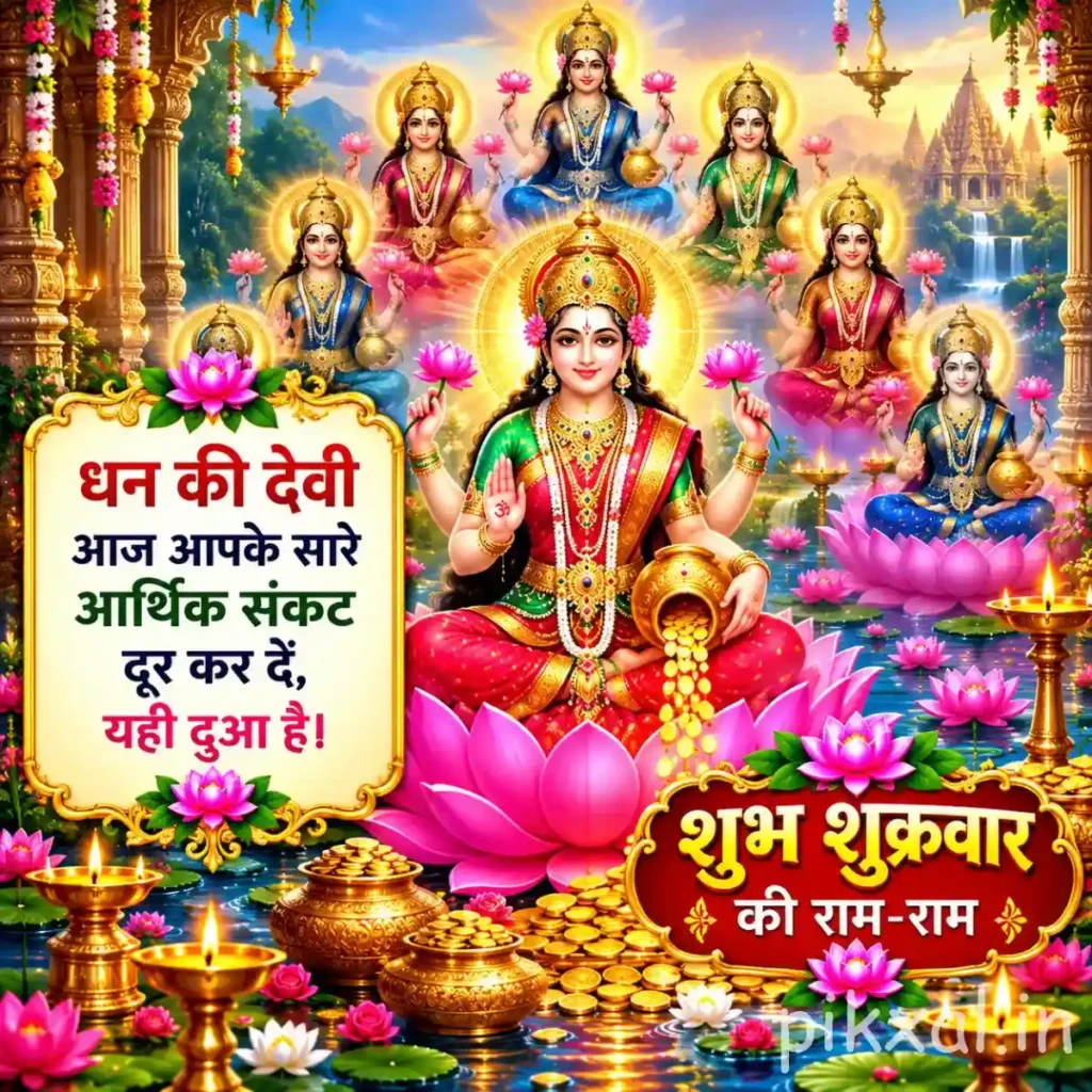 Friday Good Morning God Images depicting Goddess Lakshmi seated on a lotus with divine figures in the background