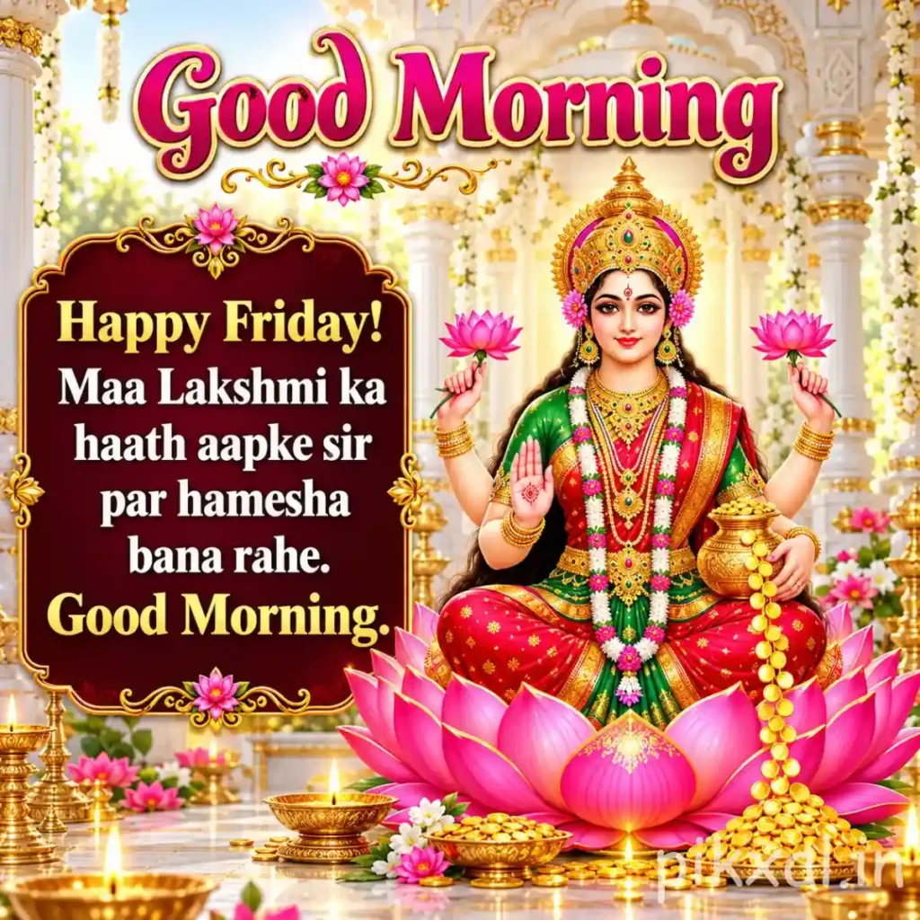Friday Good Morning God Images featuring Goddess Lakshmi standing on a pink lotus with a radiant golden halo