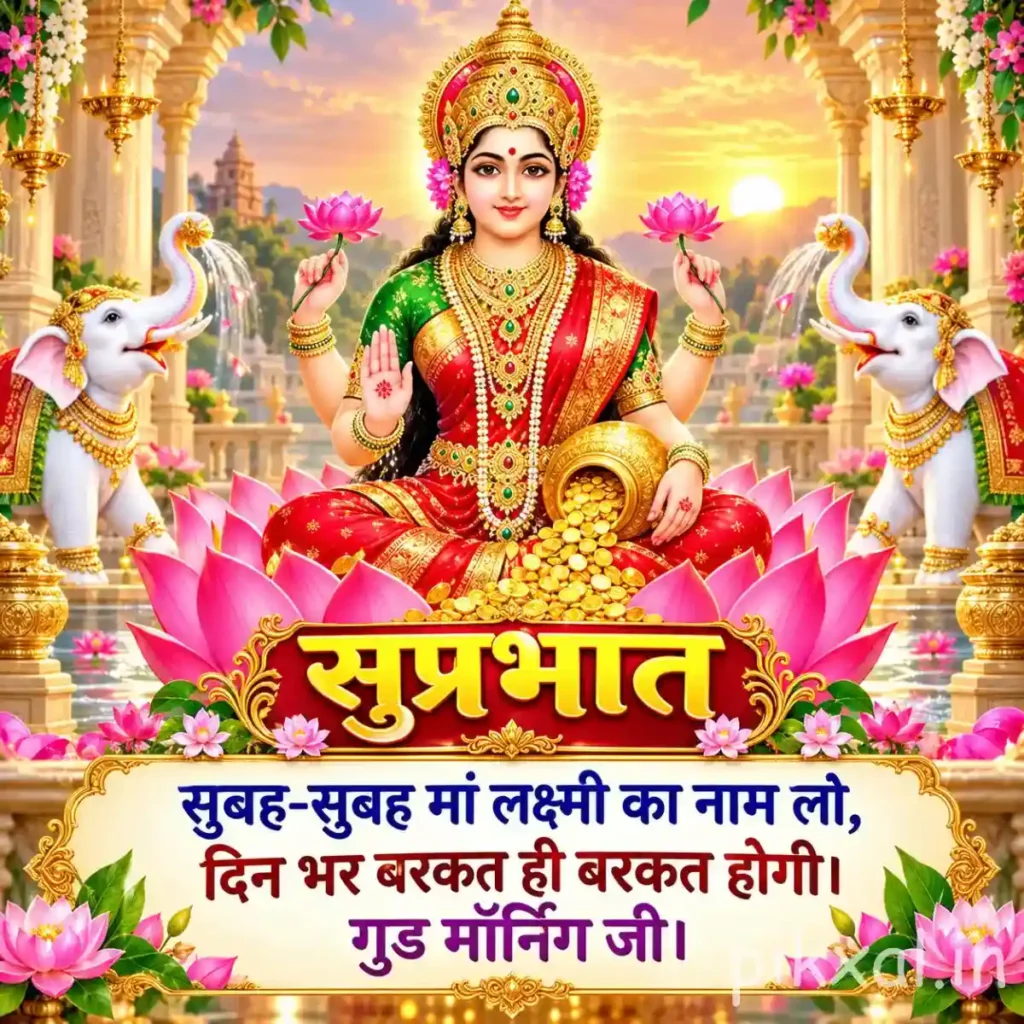 Friday Good Morning God Images featuring Goddess Lakshmi seated on a lotus between two white elephants in a temple garden
