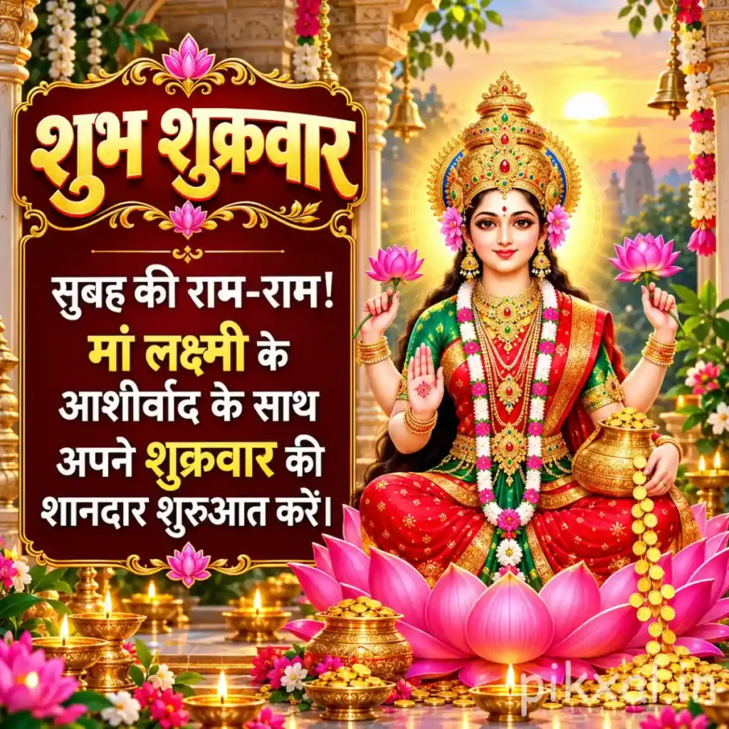 Friday Good Morning God Images featuring Goddess Lakshmi seated on a pink lotus with a golden crown and temple lamps