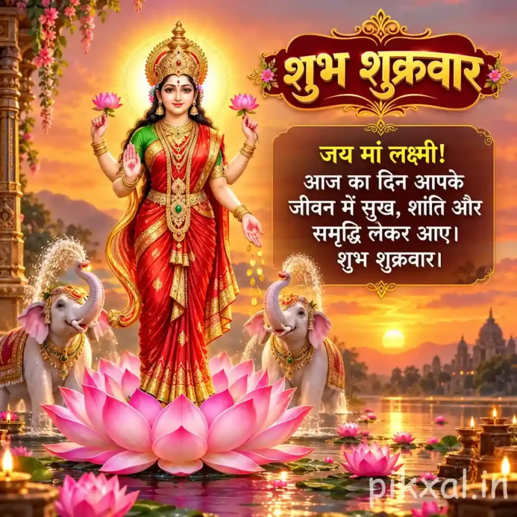Friday Good Morning God Images showing Goddess Lakshmi standing on a pink lotus between two white elephants at sunrise