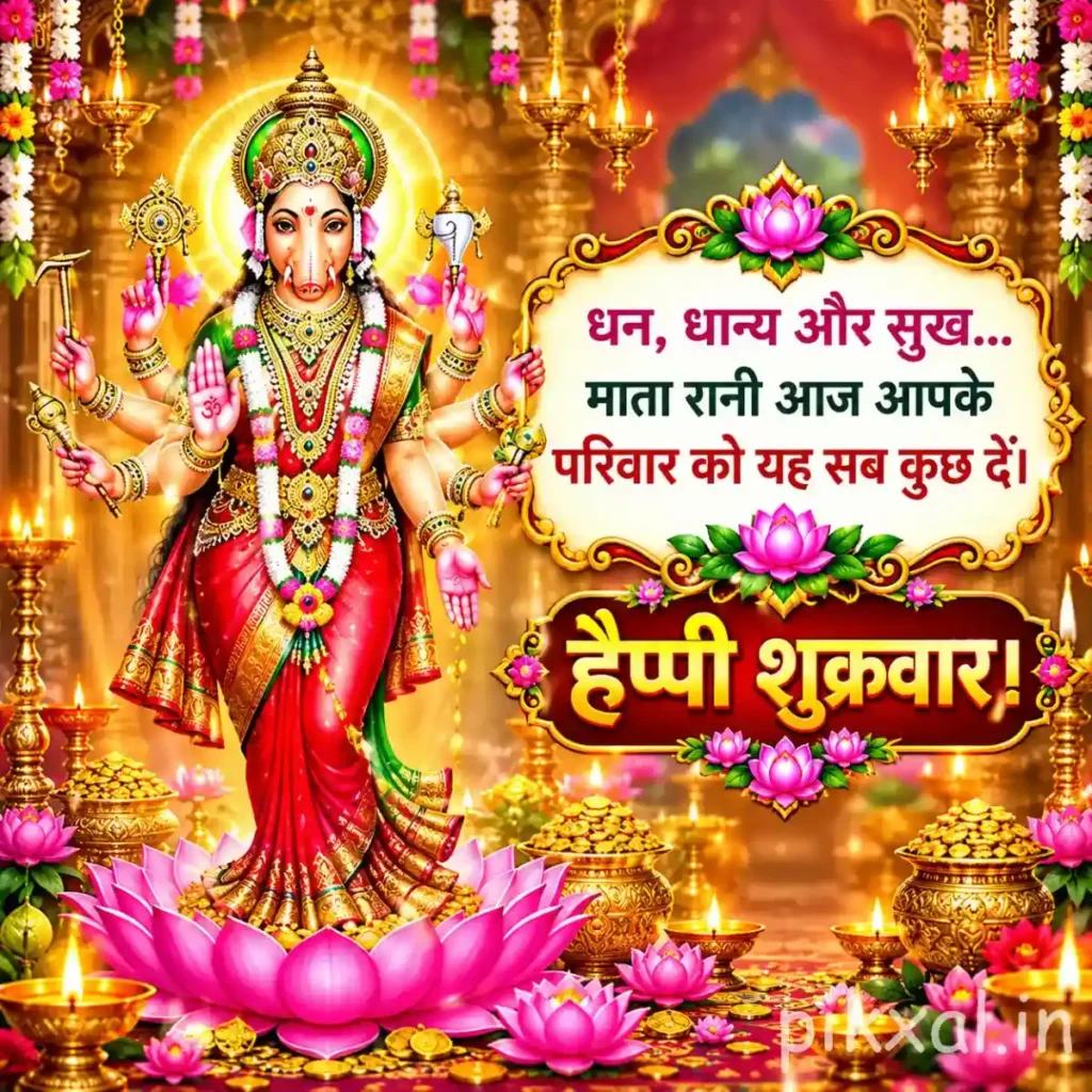 Friday Good Morning God Images featuring Goddess Lakshmi standing on a lotus with golden ornaments and glowing lamps