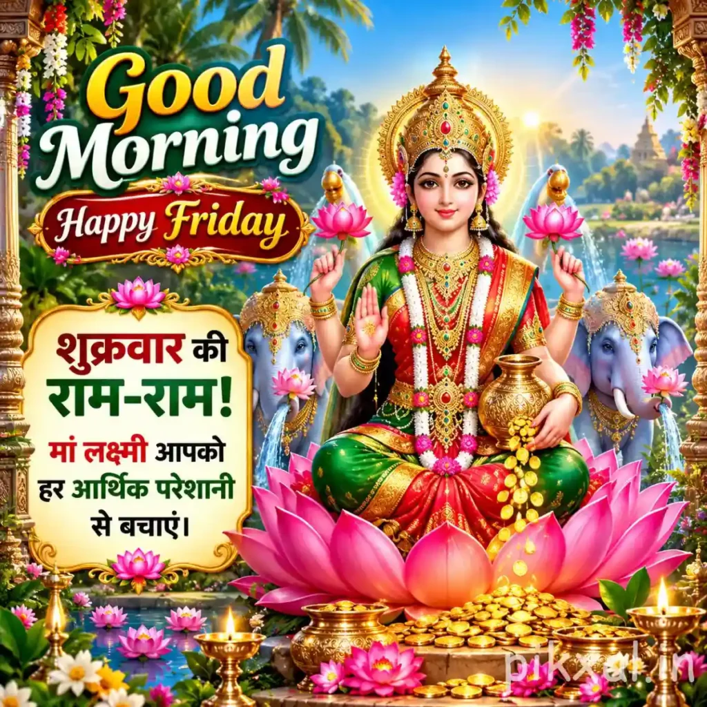 Friday Good Morning God Images featuring Maa Lakshmi seated on a pink lotus with golden lamps and flowers