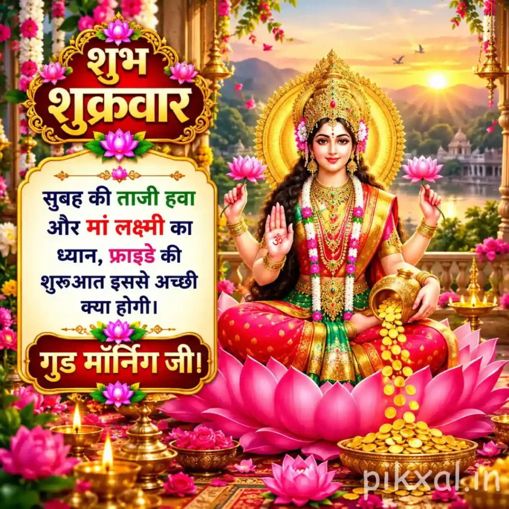 Friday Good Morning God Images showing Goddess Lakshmi seated on a lotus with a golden sunrise and temple scenery