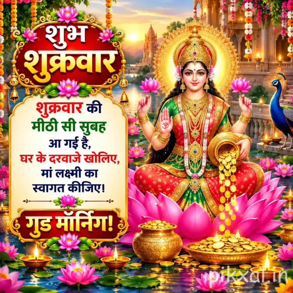 Friday Good Morning God Images showing Goddess Lakshmi seated on a lotus with peacocks, flowers and शुभ शुक्रवार wishes
