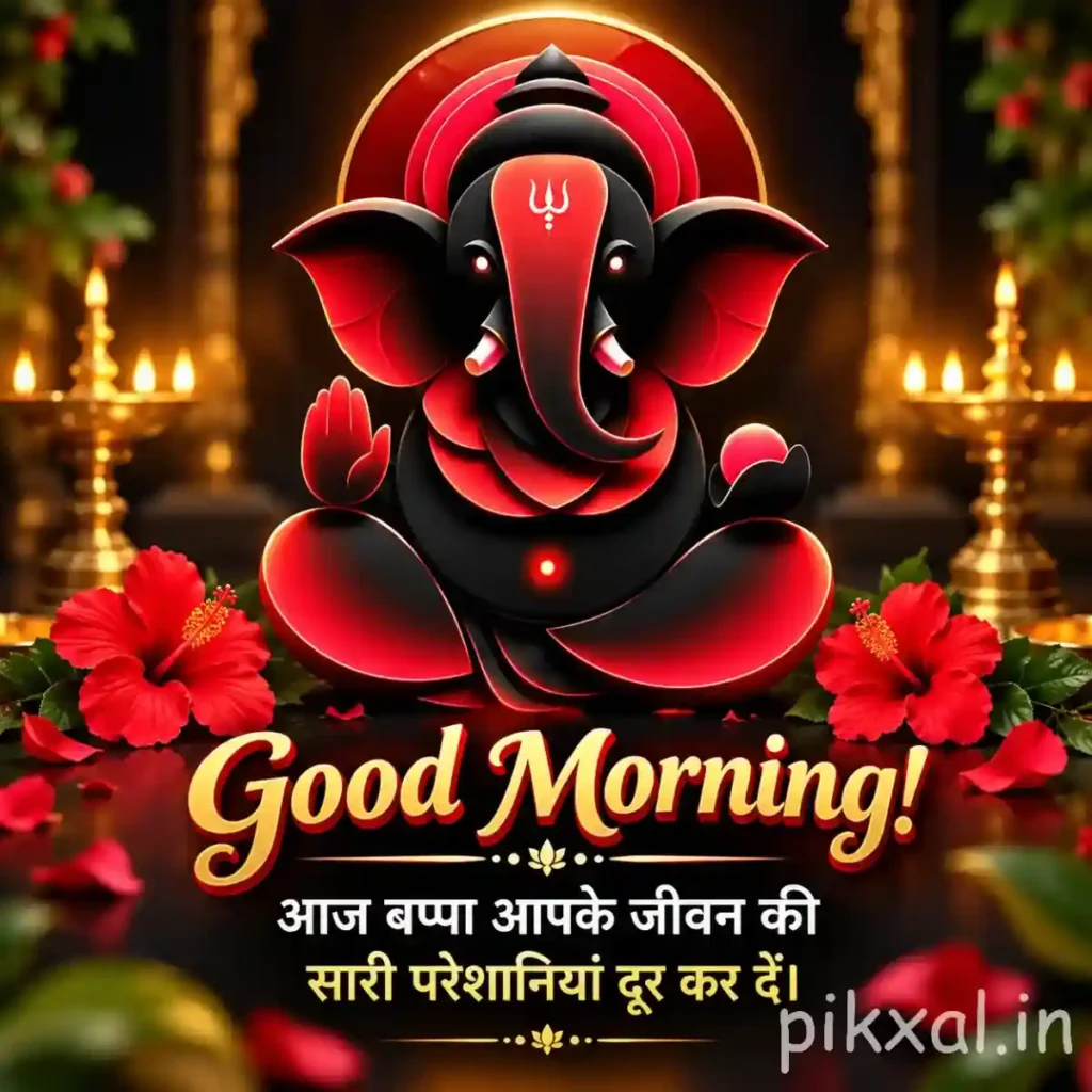 Good morning god images showing a black and red Lord Ganesha idol surrounded by red flowers and glowing oil lamps