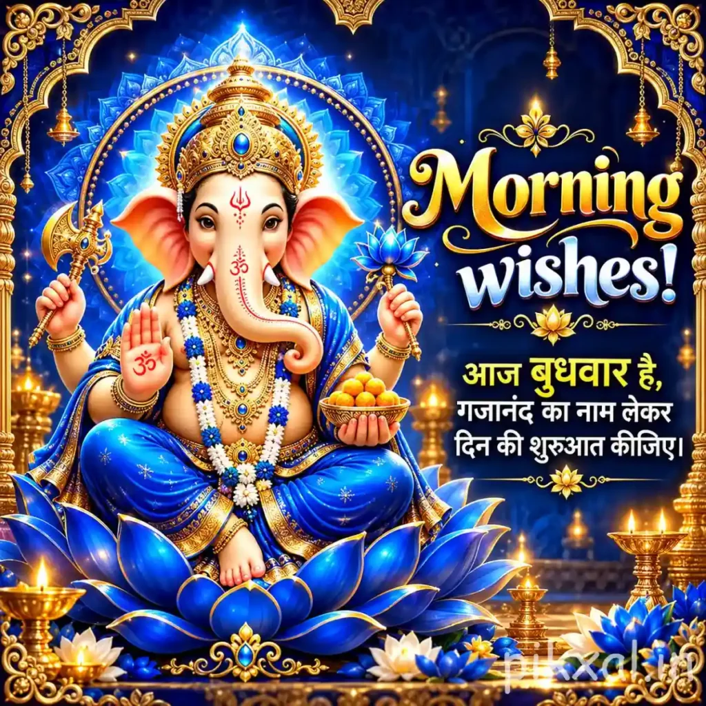 Good morning god images of Lord Ganesha seated on a blue lotus with a golden crown and ornate decorations