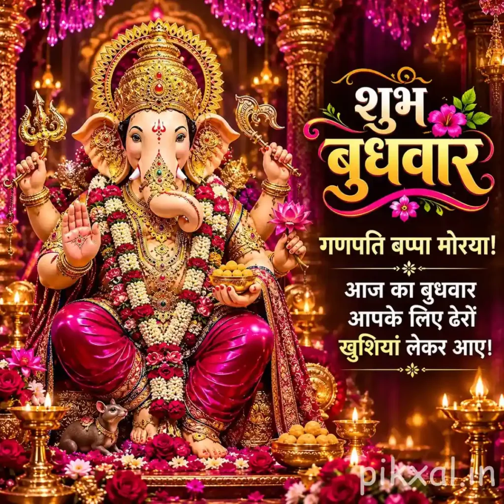 Good morning god images featuring Lord Ganesha seated on a decorated throne with flowers and glowing lamps