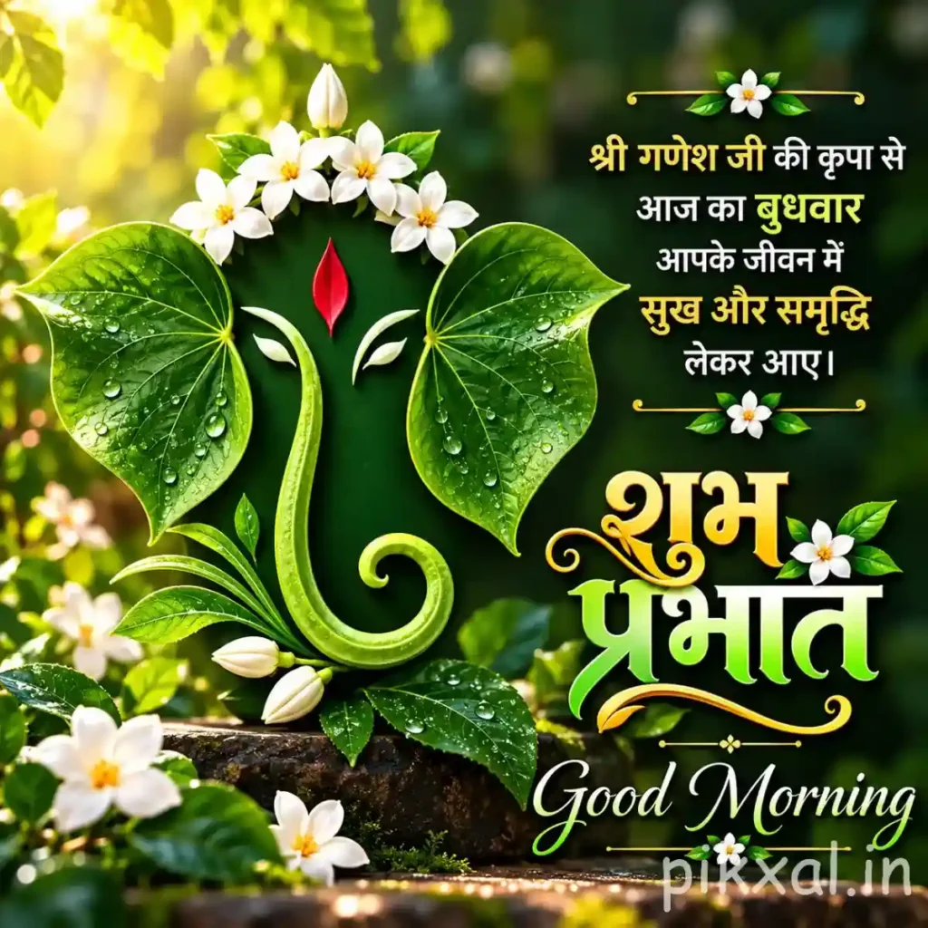 Good morning god images featuring a green Ganesha design formed with leaves and white flowers against a natural background