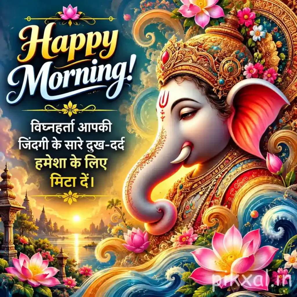 Good morning god images featuring Lord Ganesha with a golden crown and pink lotus flowers against a sunrise