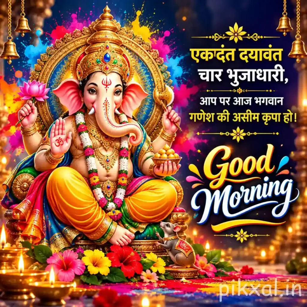 Good morning god images of Ganpati Bappa seated with a golden crown, colorful flowers and glowing oil lamps
