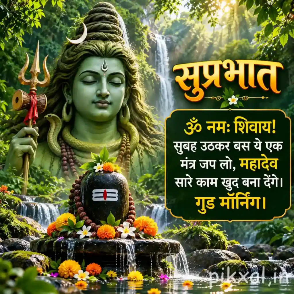 Good morning god images showing a green stone statue of Lord Shiva beside a flower-decorated Shiva Lingam in a forest