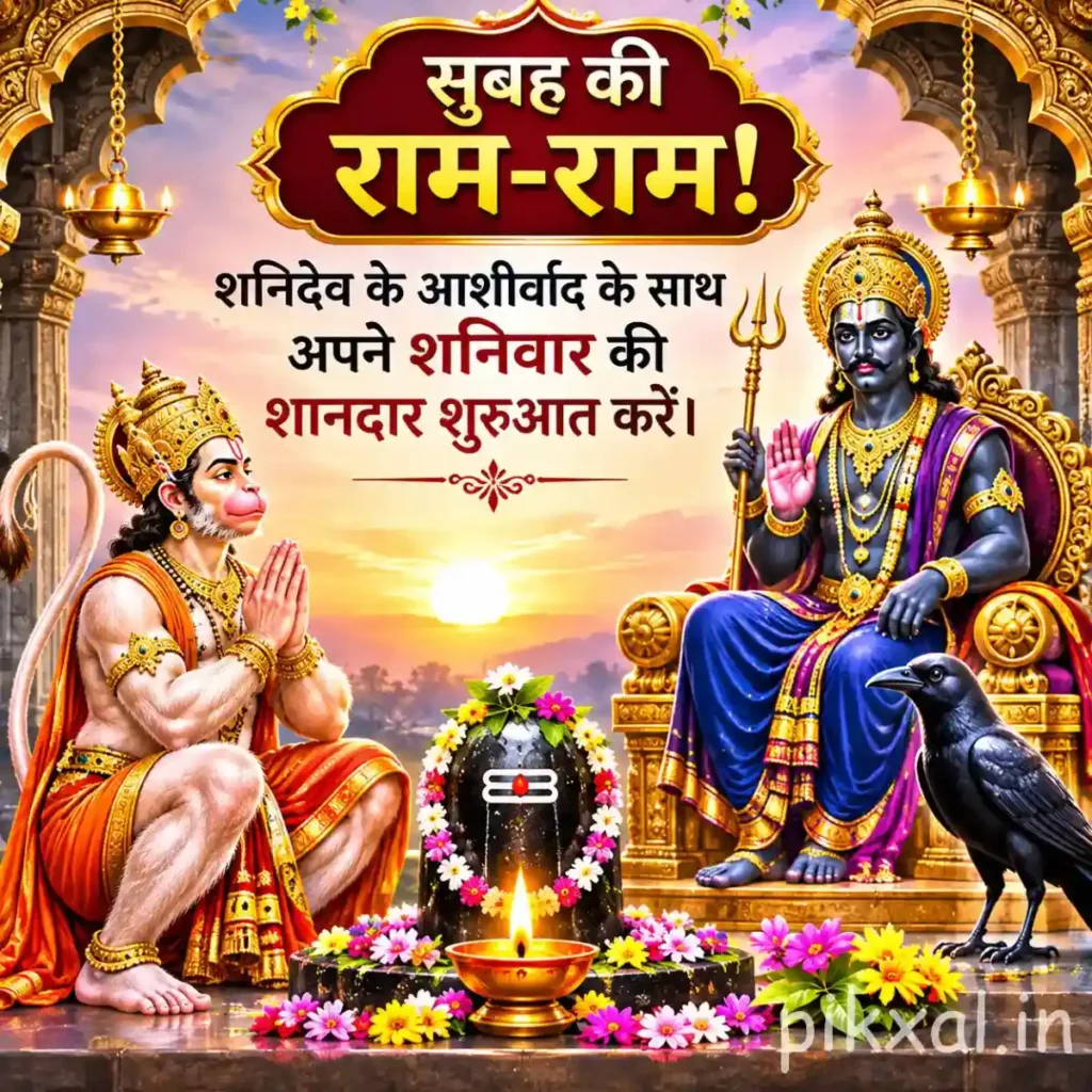 Good morning god images showing Lord Hanuman worshipping a decorated Shiva Lingam with flowers and oil lamps
