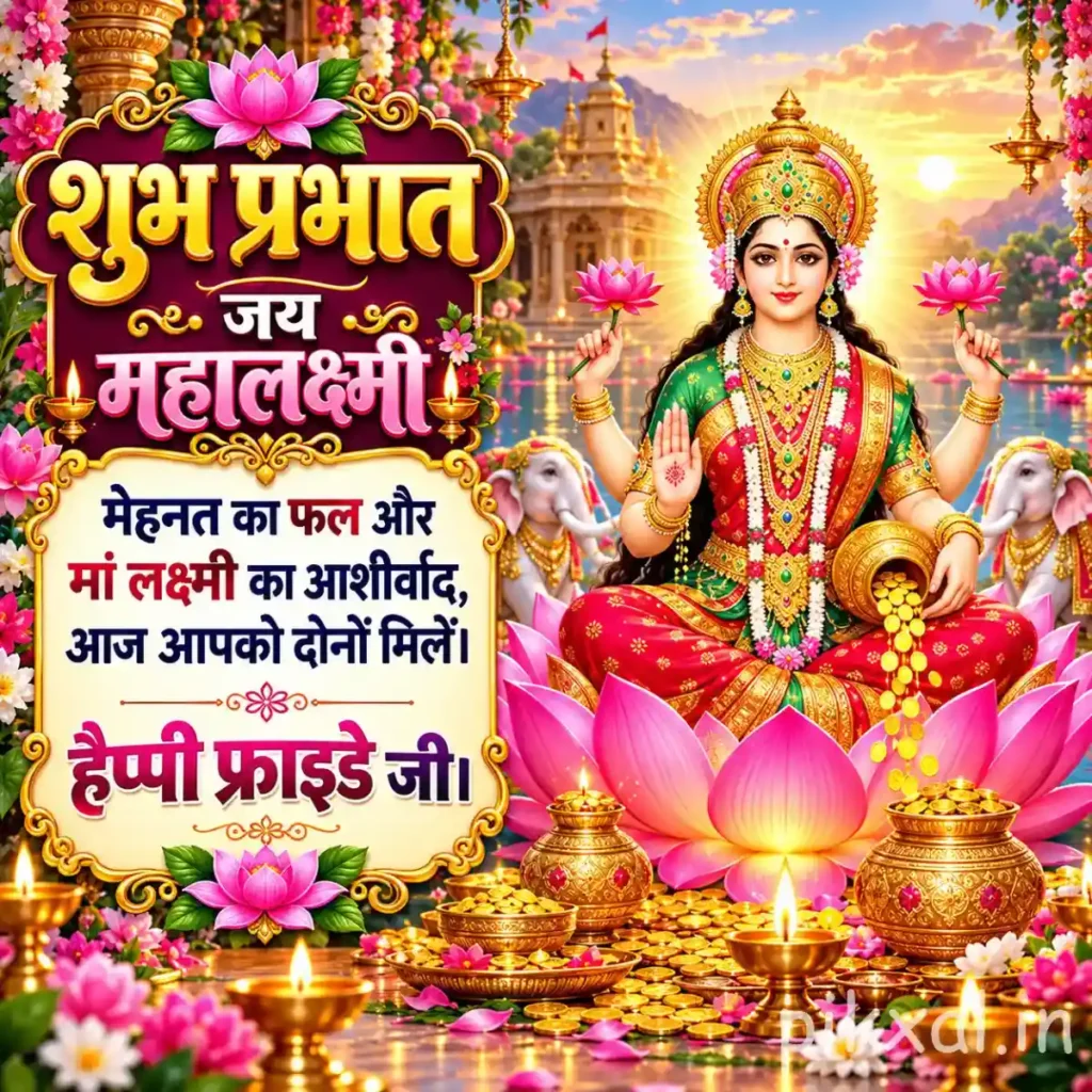 Good morning god images of Goddess Mahalakshmi seated on a pink lotus surrounded by golden pots and temple decorations