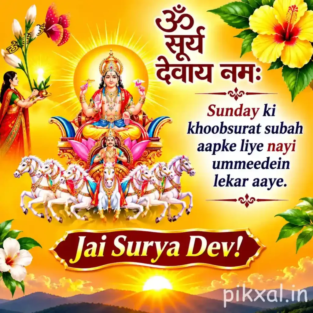 Good morning god images showing Surya Dev seated on a golden chariot surrounded by seven white horses and colorful flowers
