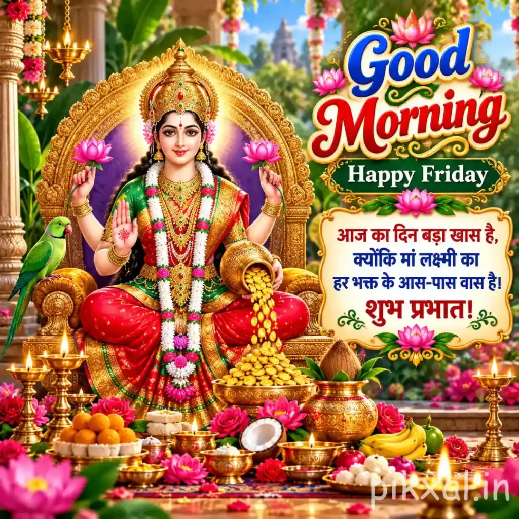 Good morning god images featuring Goddess Lakshmi seated on a lotus throne with golden ornaments and flowers
