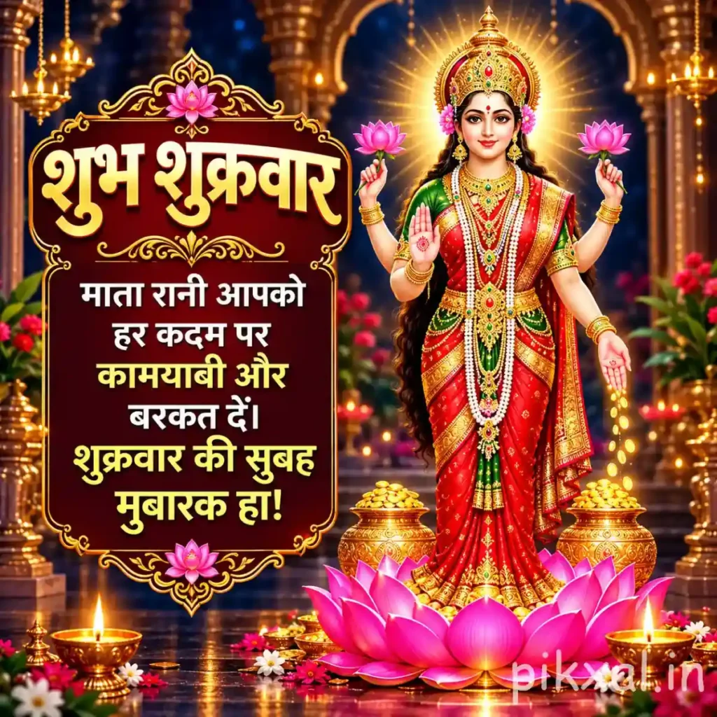 Good morning god images of Goddess Lakshmi seated on a pink lotus with golden lamps and a richly decorated background